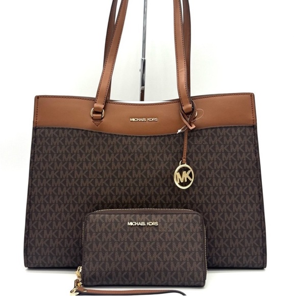 Michael Kors Jet Set Large Signature Logo Tote Bag & Flat Phone Case Wallet Set - Picture 2 of 15